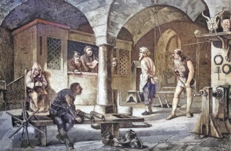 The extortion of a confession in the torture chamber, coloured wood engraving, reproduction of an