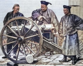 Artellerie personnel in China, coloured wood engraving, reproduction of a model from ca 1888,