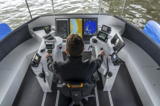 Research vessel Nova, on the Rhine, in the inland port of Ruhrort in Duisburg, 15 metre catamaran,