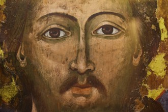 Close-up of a religious icon with the face of Jesus, Museum of Icon Painting, Monastery of Thari,
