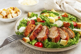 Caesar salad, with duck breast, on a light plate, on a light background, homemade, no people