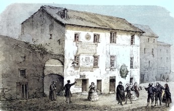 The house where Christopher Columbus was born in Cogoletto, Genoa, Italy, woodcut from 1864, Europe
