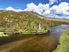 Loch Dochart and River Fillan from a drone, Highlands, Scotland, United Kingdom, Europe