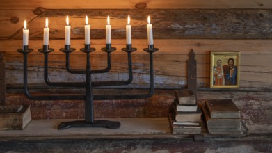 Seven-armed candlestick with burning candles, icon, chapel, Fokstugu farm, Fjellstue, pilgrims'
