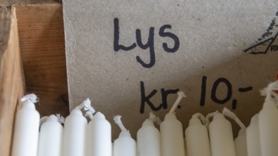 White candles are on sale for 10 kroner, chapel, Fokstugu farm, Fjellstue, pilgrim accommodation,