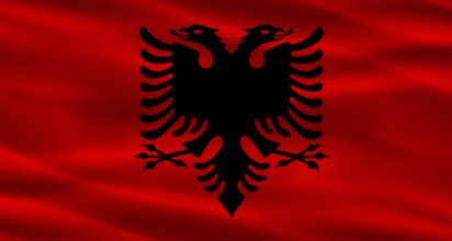 Albania flag with fabric texture. Realistic flag of Albania waving