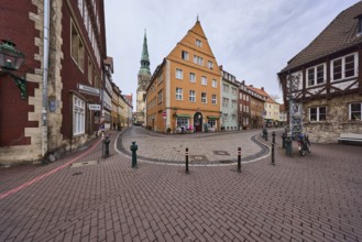Old town, historical buildings, old residential and commercial buildings, church tower,
