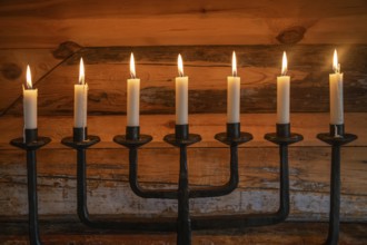 Seven-armed candlestick with burning candles, chapel, Fokstugu farm, Fjellstue, pilgrims'