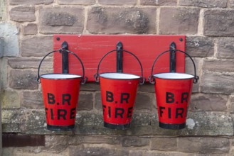 Fire bucket, railway station, Winchcombe, The Cotswolds, England, Great Britain
