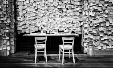 Gropius Bau Berlin, interior view, room with countless post it at the end of an exhibition, Berlin,