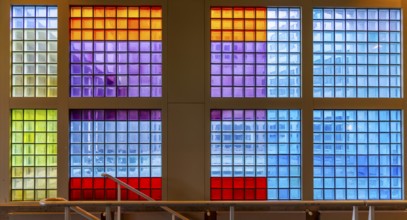 Colourful mosaic glass windows in the foyer of the Berlin State Library, Germany, Europe