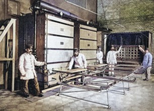 In Berlin's first public disinfection plant, Berlin, Germany, coloured wood engraving, reproduction