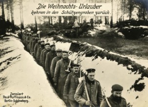 The Christmas holidaymakers return to the trenches, 1914 - 1918, World War I, reproduction of a war