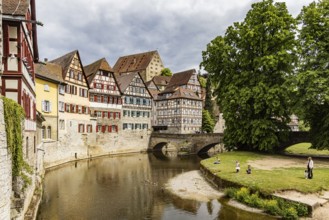 Town view with half-timbered houses worth seeing in the historic old town of Schwäbisch Hall,