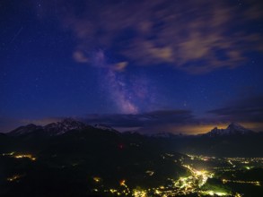 Milky Way over the valley basin of Berchtesgaden, behind Hoher Göll, Steinernes Meer and Watzmann,