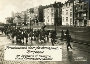 Parade march of an infantry machine gun company in Weduyne, a Flemish coastal town, 1914 - 1918,