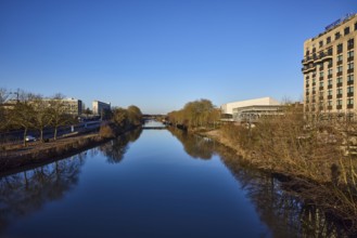 River Saar, trees, modern architecture, concrete architecture, Mercure Hotel, reflections on the