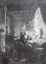 Alchemist in his laboratory, around 1800, digitally enhanced reproduction of a 19th century model,