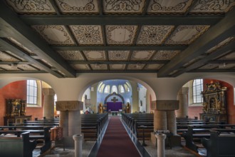 Interior with chancel of St Stephen's Church, Art Nouveau building with neo-Romanesque elements,