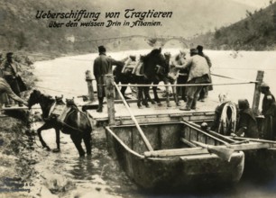 Crossing of pack animals over the White Drin in Albania, 1914 - 1918, 1st World War, reproduction