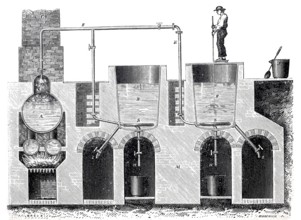 Worker on a soap boiler boiling soap with steam, around 1850, France, digitally enhanced