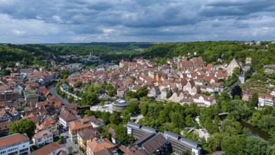 Town view of Schwäbisch Hall. View of the sights of the old town with the parish church of St