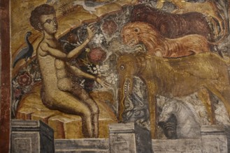 Fresco depicting Adam surrounded by animals in a lively and mystical setting, Easter 2025, Church