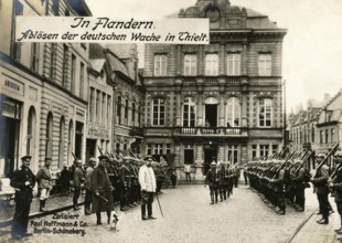 In Flanders. Relieving the German guard in Thielt, 1914 - 1918, World War I, reproduction of a war