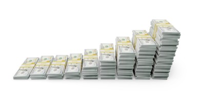 Rising stacks of money representing financial growth and wealth increase isolated on a white