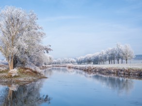 The river Unstrut in the Unstrut valley in winter, trees on the banks covered with hoarfrost,