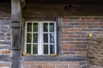 Window of a historic watermill, Münsterland, North Rhine-Westphalia, Germany, Europe