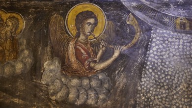 An angel in fresco playing a trumpet sits in clouds under a sparkling night sky, Easter 2025,