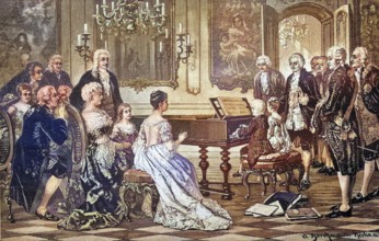 Mozart and his sister playing in front of Empress Maria Theresa, coloured wood engraving,