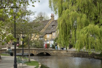 Bridge, River Windrush, houses, trees, Bourton-on-the-Water, The Cotswolds, Gloucestershire,