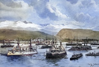The Fleet of the Great Powers off Kanea, today Chania, Crete, Greece, coloured wood engraving,
