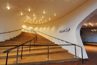 Illuminated staircase with barrier, Great Hall, Plaza, concert hall Elbphilharmonie, Hamburg,