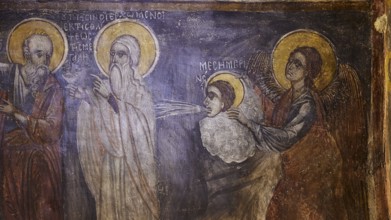 A fresco with holy figures and angels in spiritual interaction, surrounded by ancient lettering,