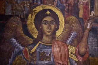 Fresco of an angel with golden halo and wings in Orthodox style, Easter 2025, Church of the