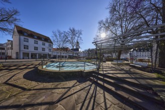 Stem plant, fountain, park, stainless steel railing, natural stone staircase, residential and