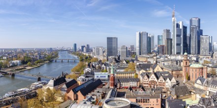 Frankfurt skyline skyscrapers in the city centre with Römer and river Main panorama from above in