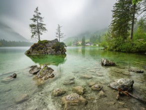 Hintersee under a cloudy rainy sky, Berchtesgaden National Park, Ramsau, Upper Bavaria, Bavaria,