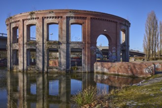 Park, pond, artificial ruin, trees, symmetrical reflections, water surface, sidelight, blue sky,