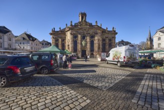 Ludwigskirche, weekly market market, market stalls, vehicles, cobblestones, square, Am