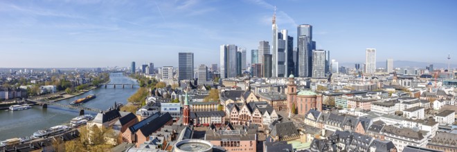 Frankfurt skyline skyscrapers in the city centre with Römer and river Main from above panorama in