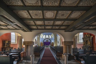 Interior with chancel of St Stephen's Church, Art Nouveau building with neo-Romanesque elements,