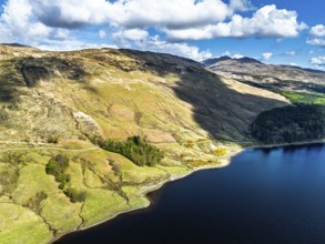 Mountains over Loch Iubhair from a drone, Crianlarich, Highlands, Scotland, United Kingdom, Europe