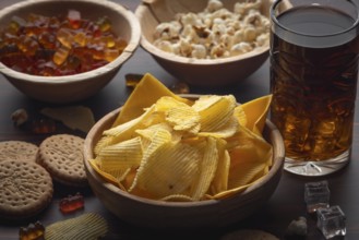 Crisps, popcorn, gummy bears, biscuits and drink, TV evening