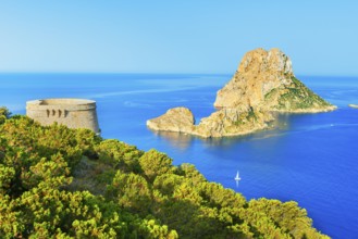 View of Torre des Savinar and Es Vedra island, Ibiza, Balearic Islands, Spain, Europe