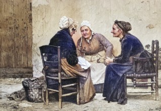 Gossips, three woman talk about the news in the village, Germany, coloured wood engraving,