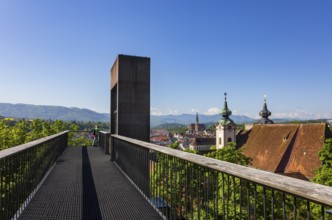 Panoramic lift up the Taborberg with a view of St Michael's Church and the old town, Steyr,
